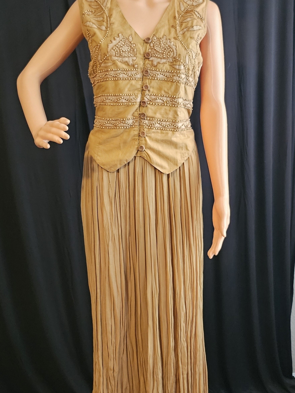 Hype Tan Pleated Maxi Dress with Embellished Bodice